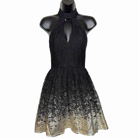 BLACK LACE HALTER MINI DRESS OMBRÉ GOLD FIT & FLARE COQUETTE SIZE 1/2 B DARLIN - Picture 1 of 7